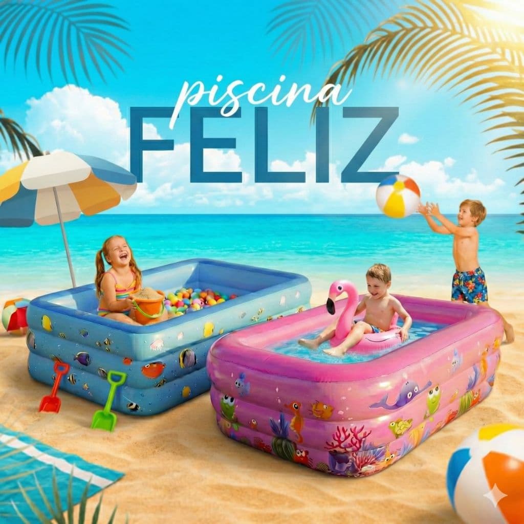 Piscina Infantil Inflável 3 Anéis Retangular 150cm Rosa e Azul Diversão no Verão