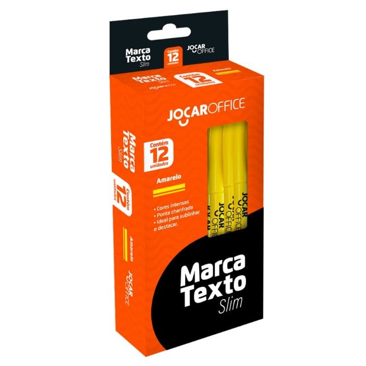 Marca Texto Slim Cx/12 Unds Jocar Office Escolar Cor Amarelo, Rosa e Verde