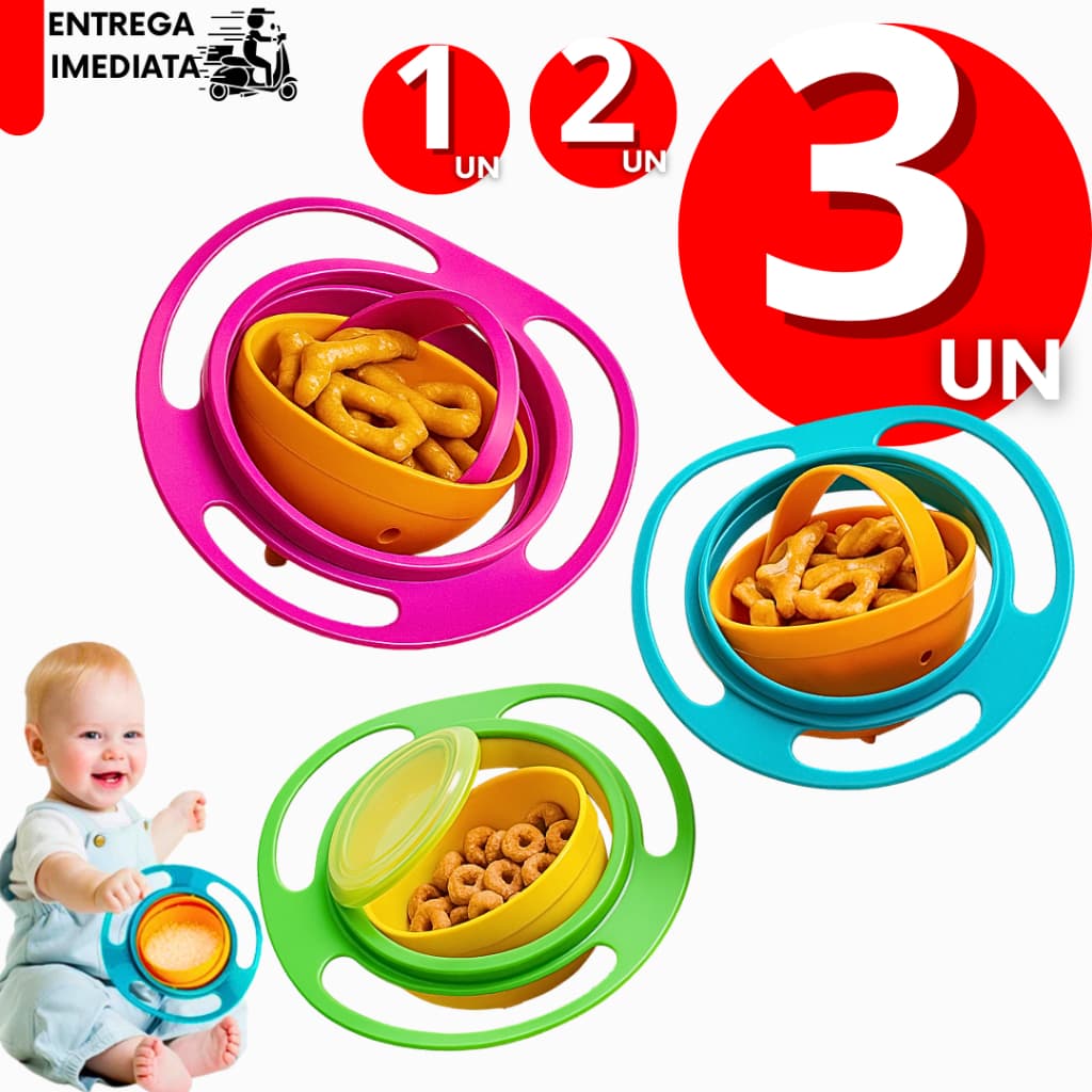Kit 3/2/1 Prato Mágico Tigela Infantil 360° Antiderramamento com Tampa Pote Giratório Gyro Bowl 200ml