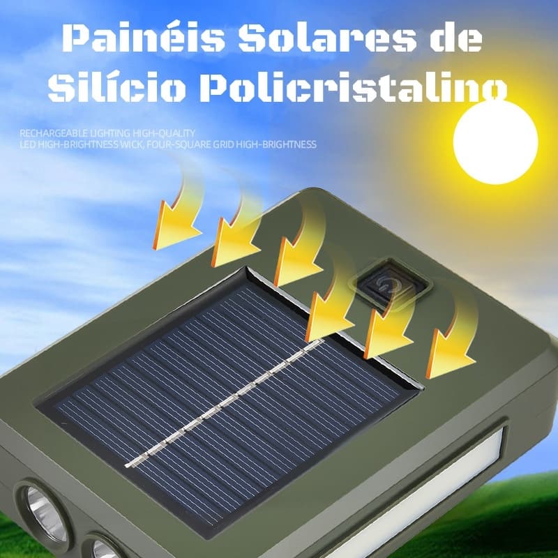 Lanterna de Emergência Solar com Manivela e USB – Luz Forte Frontal e Lateral, Recarregável para Falta de Energia