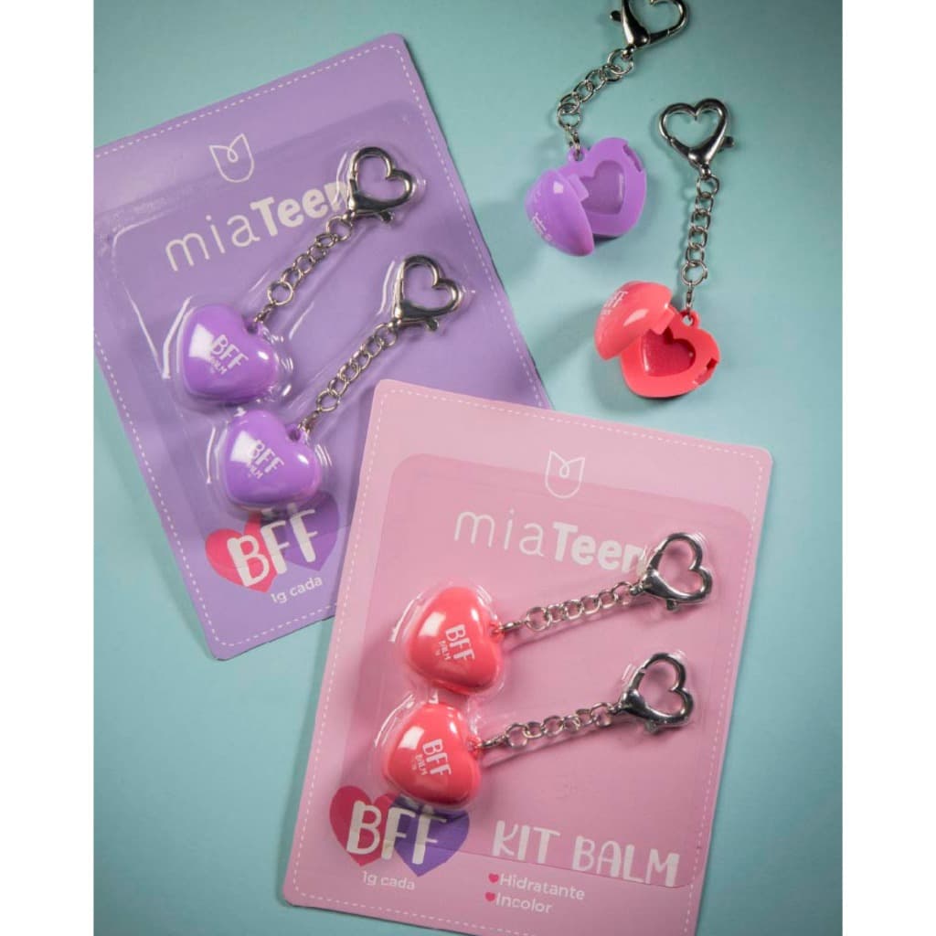 Kit Chaveiro Balm Labial BFF Mia Make Hidratante Formato Coração 2 Unidades