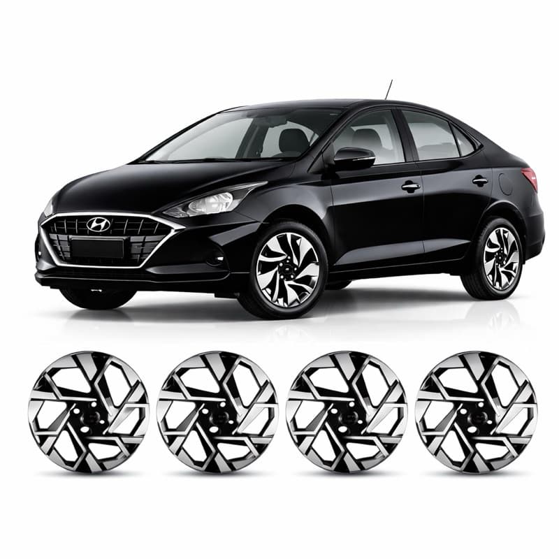 Kit 4 Calotas HB20 -HB20S Aro 15 (2016 A 2024) Preto Prata + Emblema Resinado