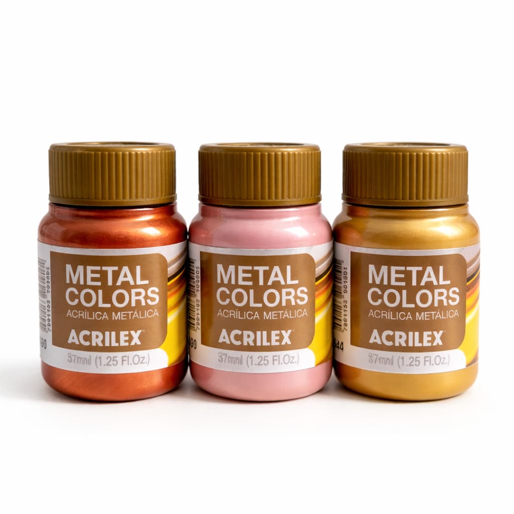 Kit de Tinta Metal Colors Acrilex  3 Cores Cobre, Rose Gold e Ouro Velho - Vidro Porcelana Couro