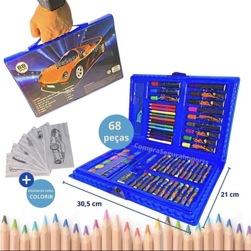 Kit 2 Estojos de Arte 48 Peças com Canetinhas, Lápis de Cor, Giz de Cera e Pastéis, Azul, 23x13 cm