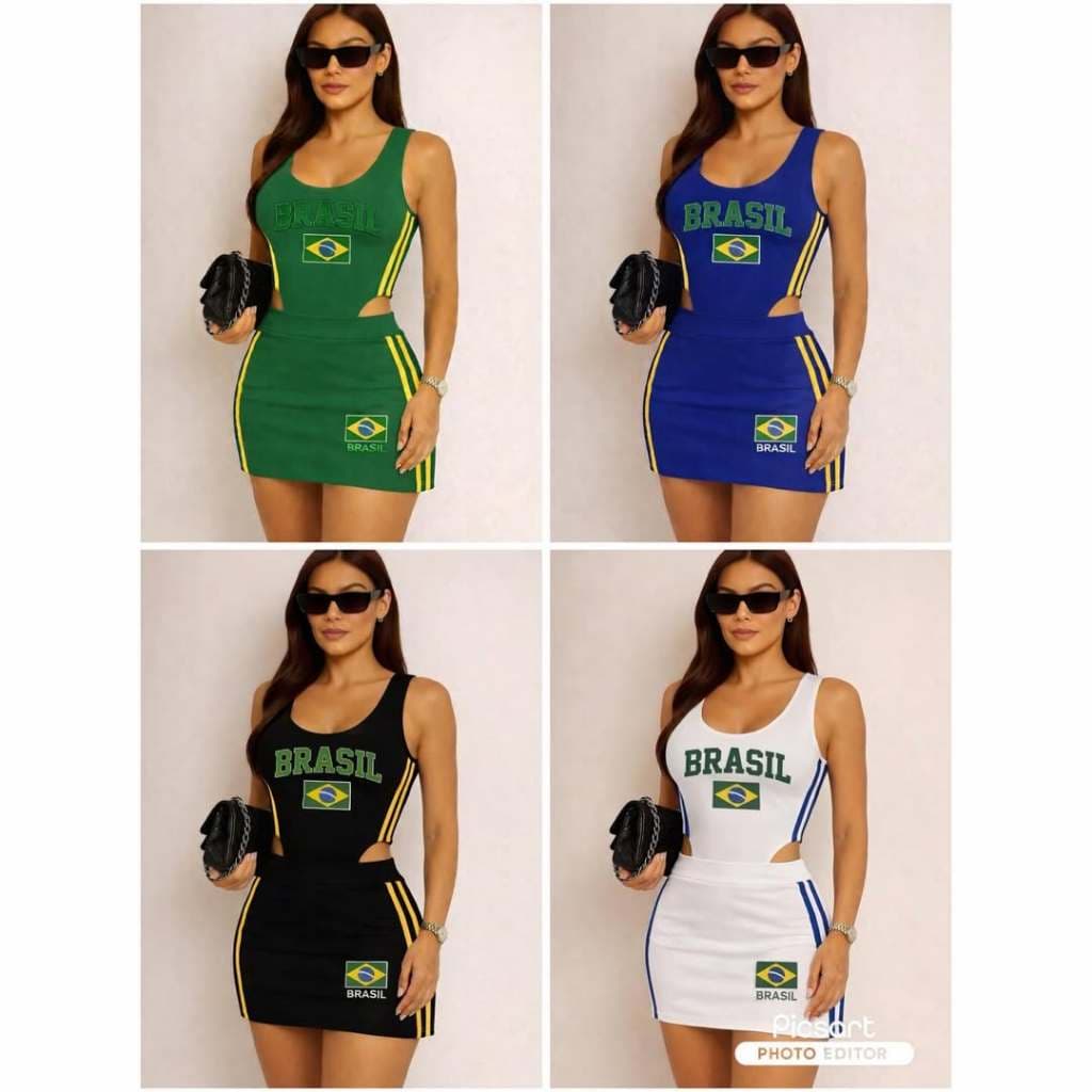 Conjunto Body e Saia Brasil Copa – Moletinho com Elastano, Modelagem Ajustada e Confortável