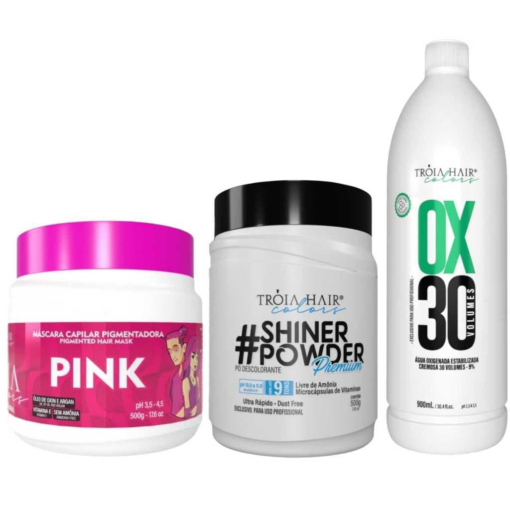 Pó Descolorante Premium 500g + OX 30 900ml + Troia Colors Pink 500g - Troia Hair