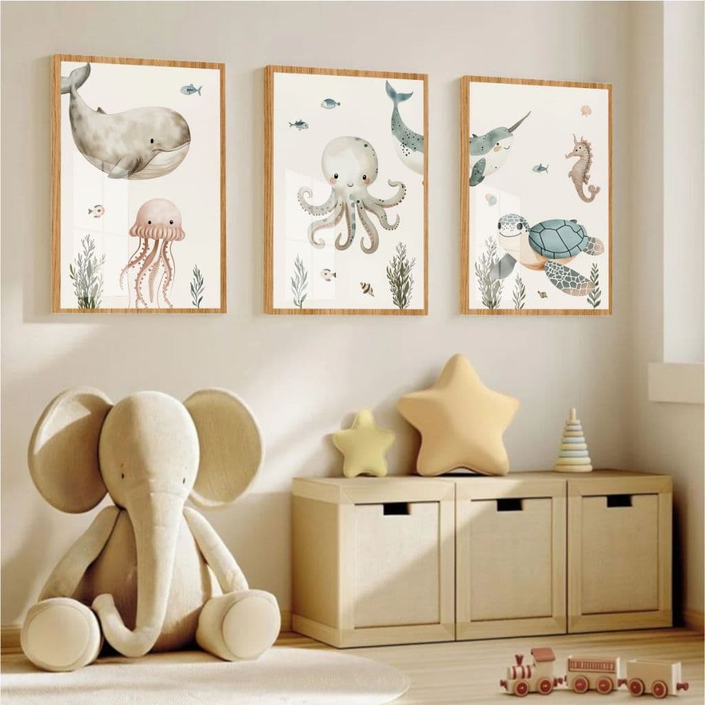 Quadro Moldura e Vidro Kit Três Peças Animais Marinhos Baleia Polvo Tartaruga Decoração Quarto Bebê