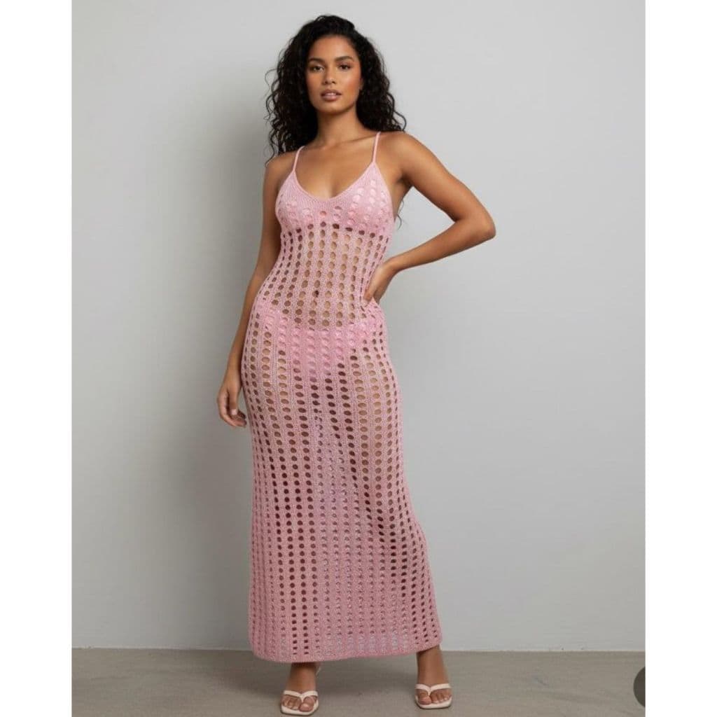 Vestido Saída de Praia Feminino Tricot Vazado com Fendas Laterais Verão Tricô Moda Verão Piscina