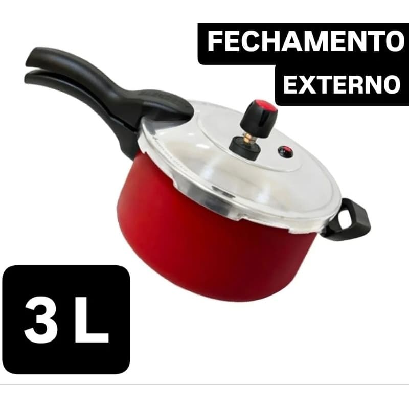 PANELA DE PRESSÃO ALEGRETE FECHAMENTO EXTERNO VERMELHO 3 LITROS ANTIADERENTE. MAIS RAPIDEZ NO PREPARO DOS ALIMENTOS.!