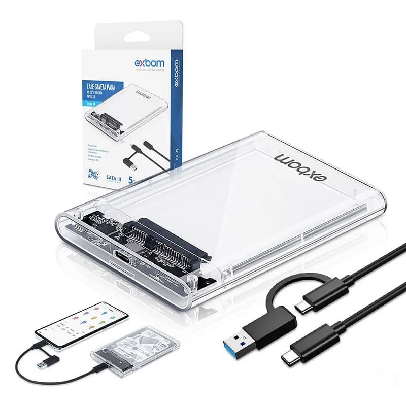 CASE GAVETA PARA SSD HD EXTERNO TAMANHO 2,5 POLEGADAS USB 3.1 TIPO C COM CABO E LED PISCANTE