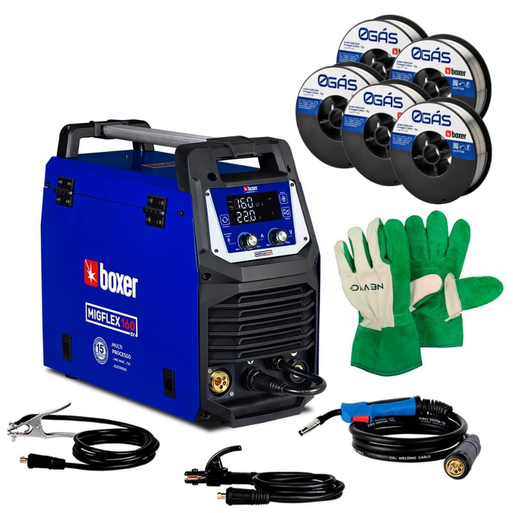 Kit Máquina de Solda 160Amp Bivolt Migflex160 + 05 Rolos Arame de 1kg Sem Gás Boxer + Luva Multiuso