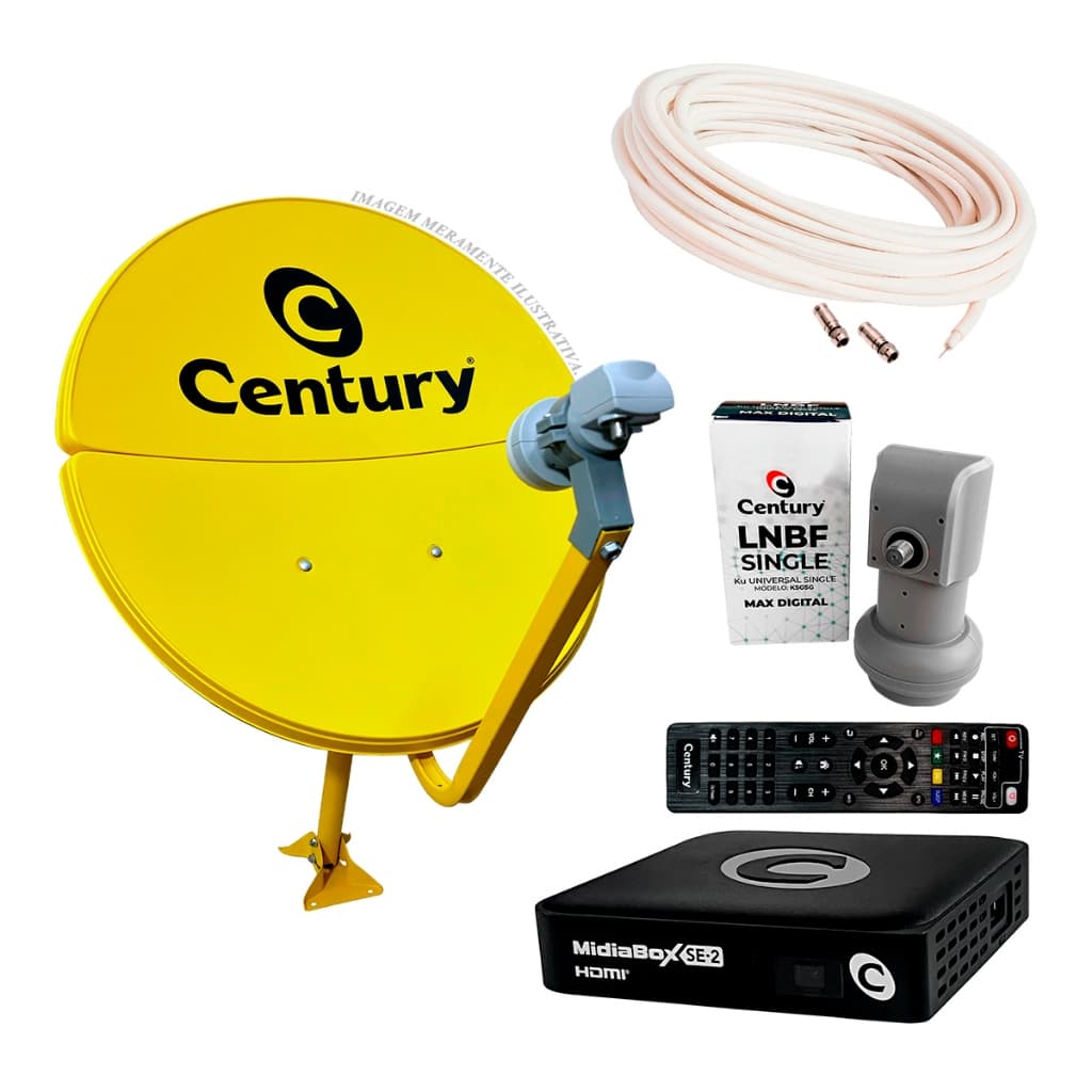 Kit Completo Century Receptor Midiabox SE-2 Antena Bipartida Banda Ku 60cm Amarela LNBF e Cabo