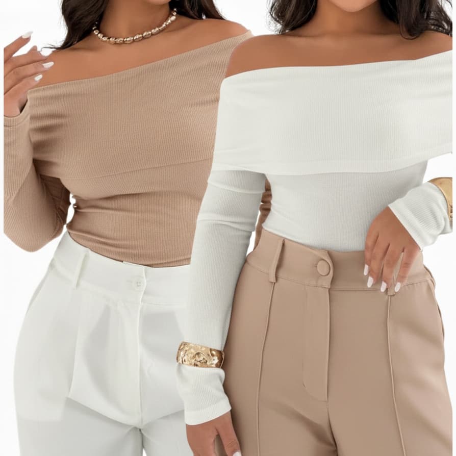 KIT COM 2 Blusas Feminina Manga Longa Ombro a Ombro Canelada Ribana Casua Outono Inverno.