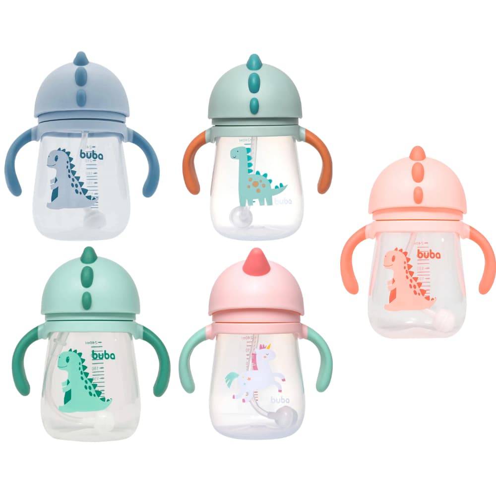 Copo Transição Dino P/ Bebe Criança C/ Canudo Silicone Treinamento Válvula 240ml Buba