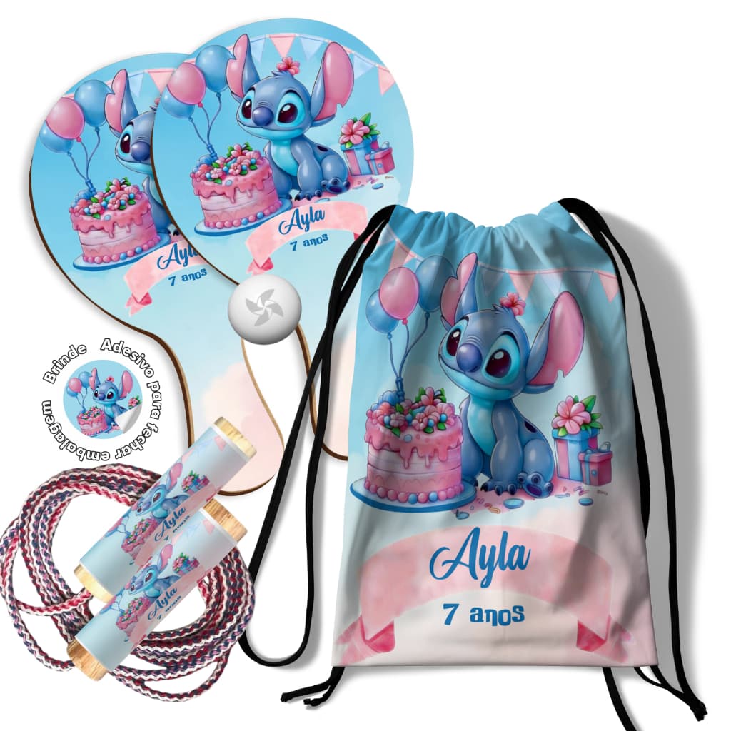 7/10/15/25 Kit Mochilinha Raquetes Ping Pong e Pula Corda lembrancinha aniversário Lilo Stitch