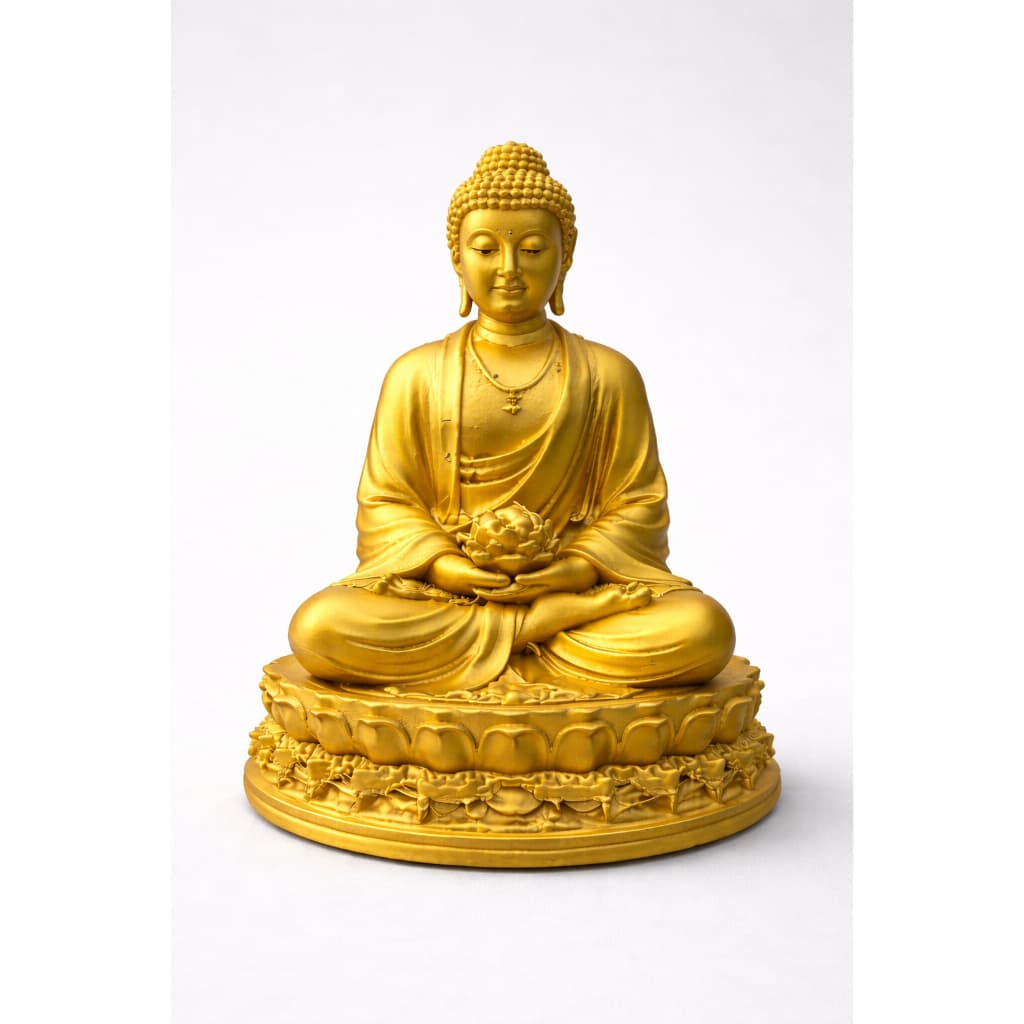 Transforme seu ambiente com paz e elegância – Estátua Buda Dourado para decoração zen e energia positiva