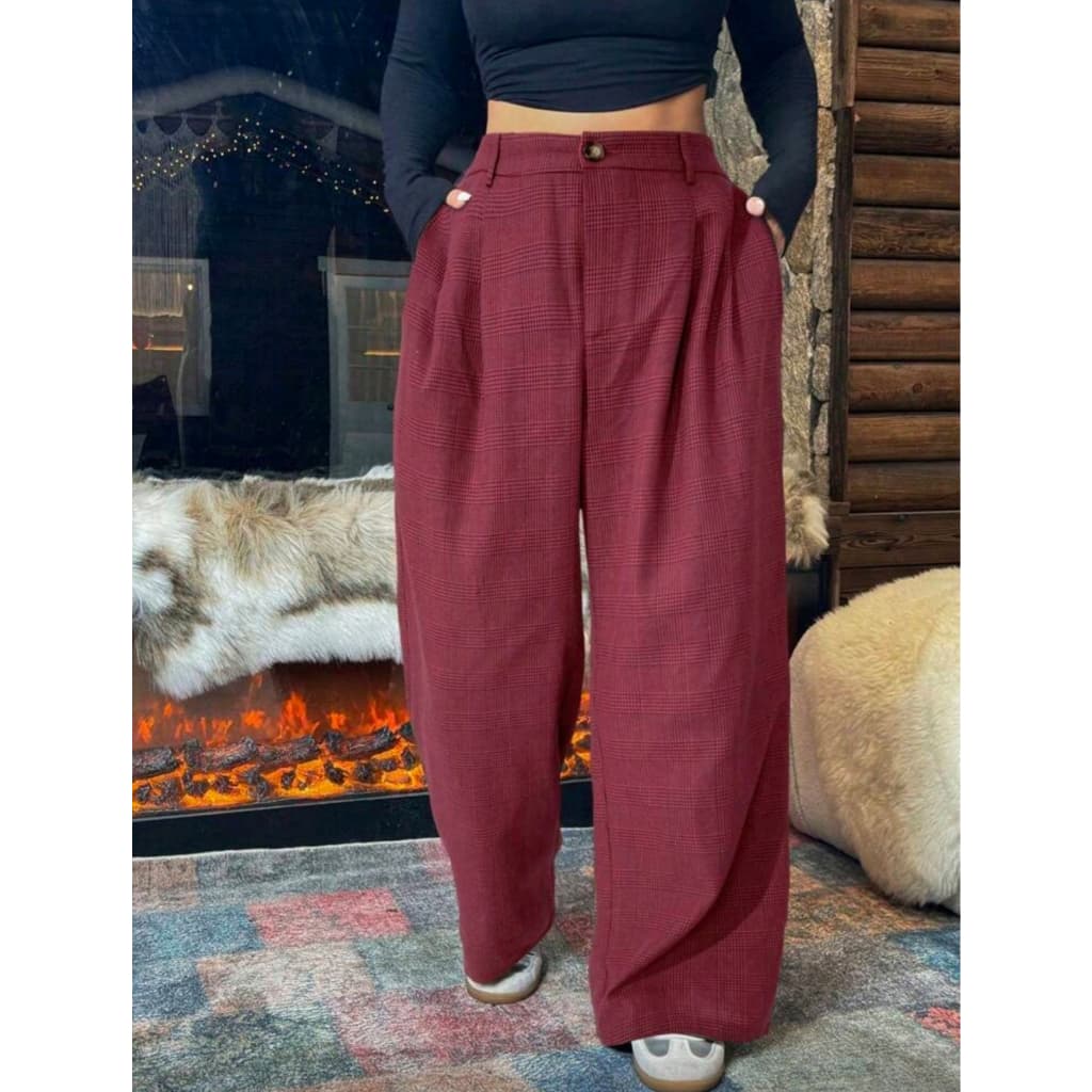 CALÇA PANTALONA FEMININA XADREZ VINHO