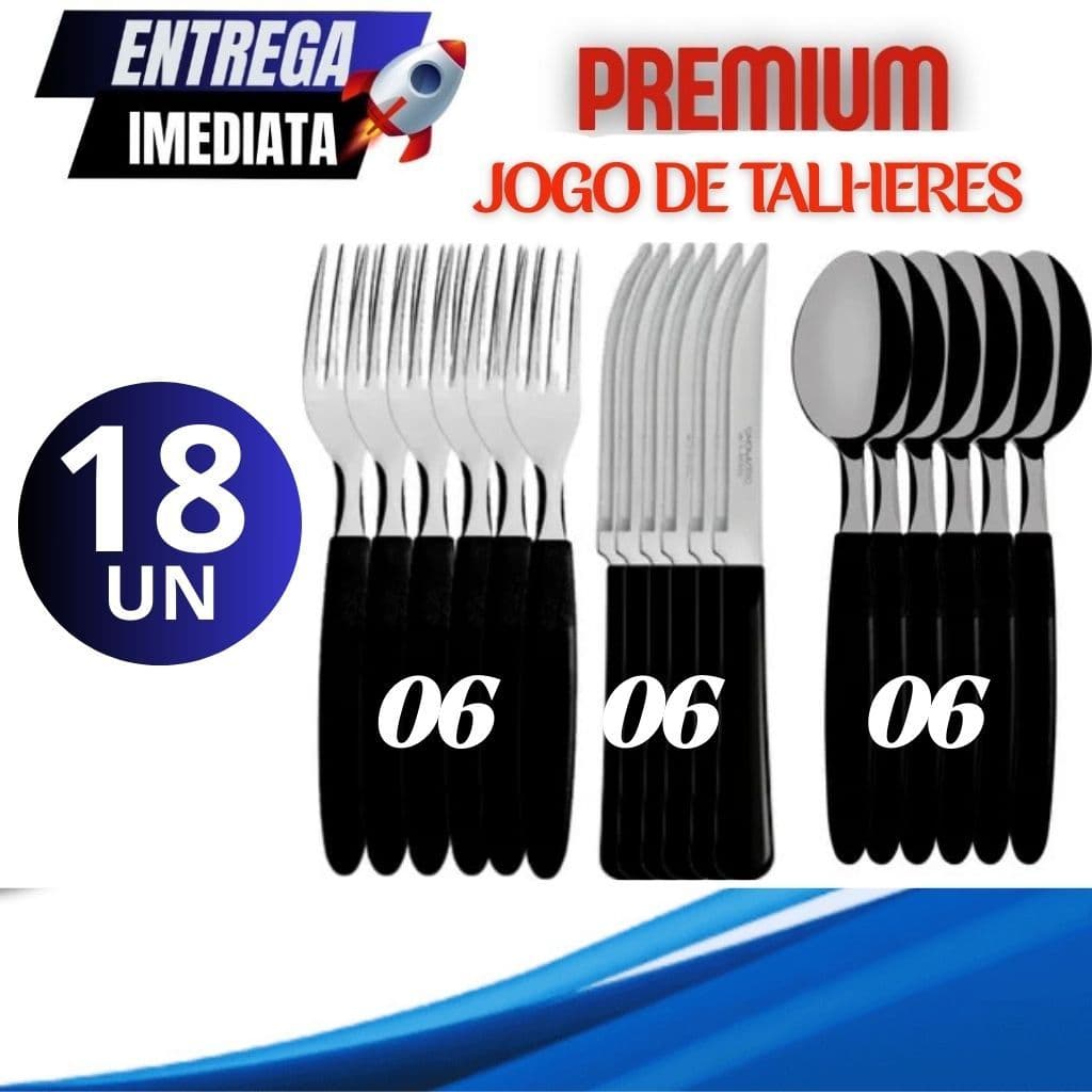 Kit 18 talheres facas, colheres e garfos Inox Com Cabo De Plástico Preto e Vermelho Premium Casa Cozinha Variáveis