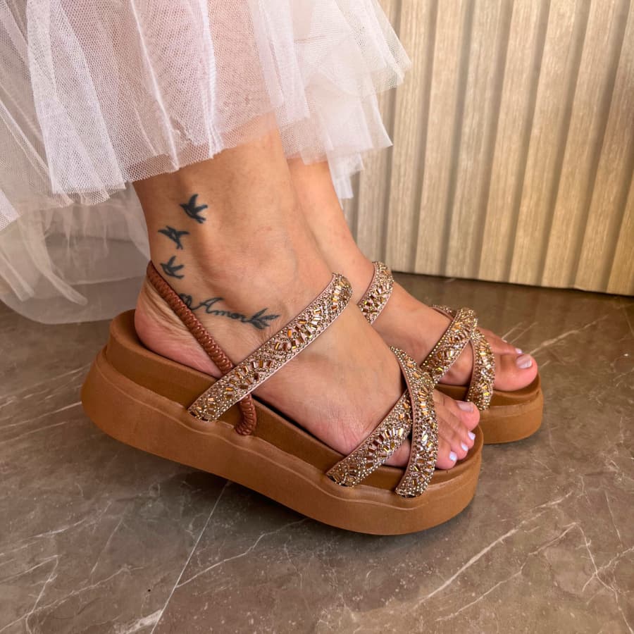 Papete Sandália Feminina 020 Elastico Plataforma Alta confortável Strass em X Brilho Branca Dourado
