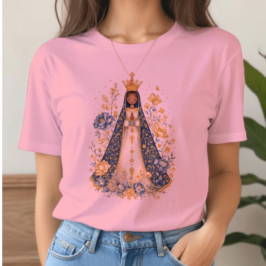 blusa t shirt feminina nossa senhora aparecida rosas douradas DESENHO, camiseta católica  santa virgem maria plus size