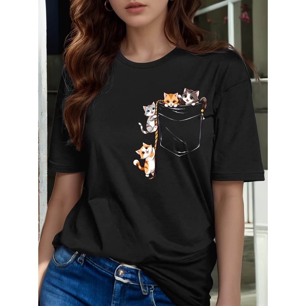 Camiseta feminina Gatinhos coloridos no bolso estampa retrô cute 100% algodão estilo streetwear delicado e divertido