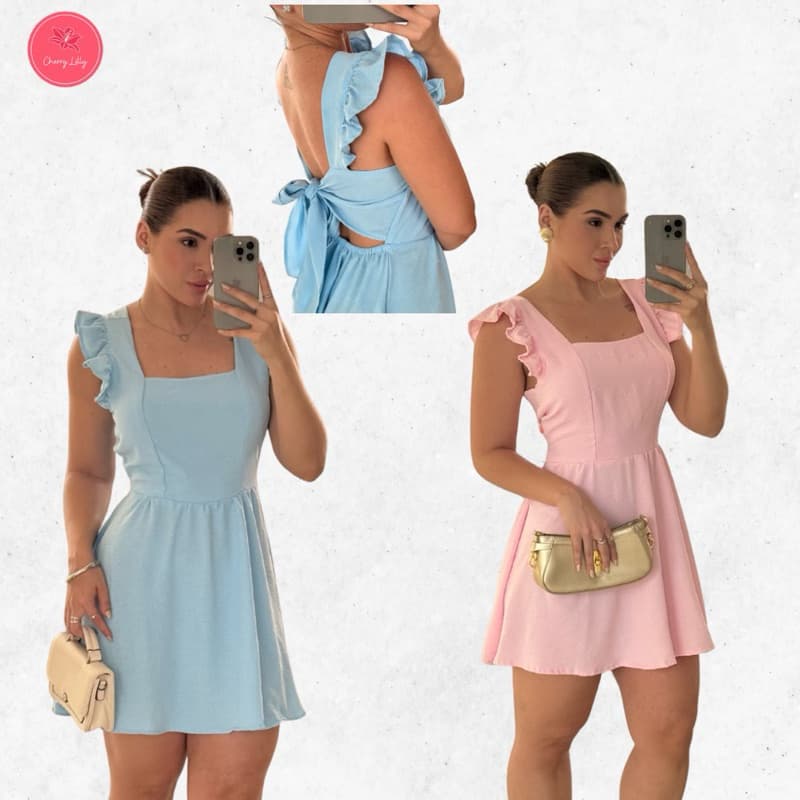 Vestido Feminino Curto Manga Bufante Decote Quadrado Moda Casual Elegante Verão Várias Cores