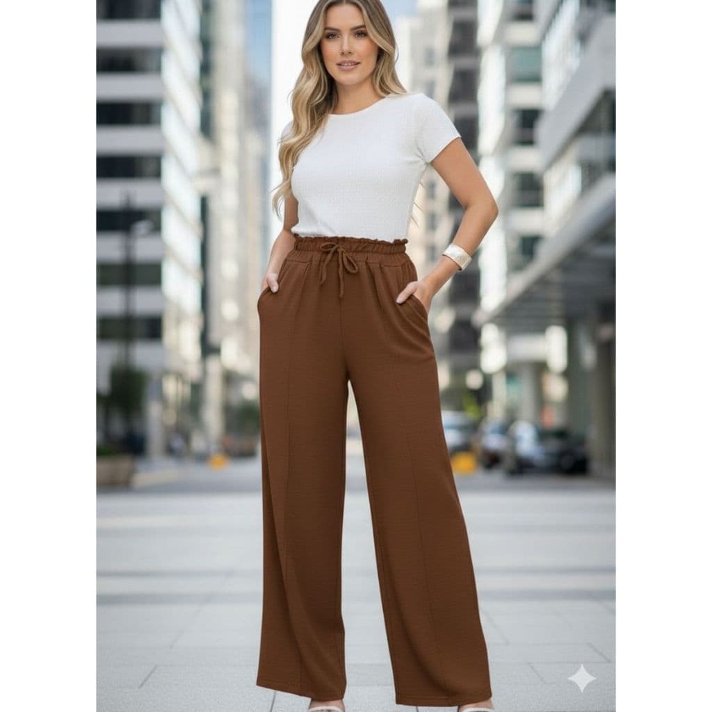 Calça Pantalona Feminina com Bolsos Elegante Moderna Tecido Duna Tendência Premium