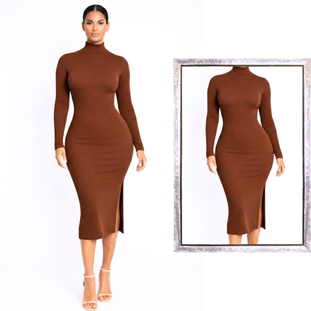 Vestido Midi Feminino Canelado Manga Longa Ajustado ao Corpo Elegante para Inverno e Meia Estação