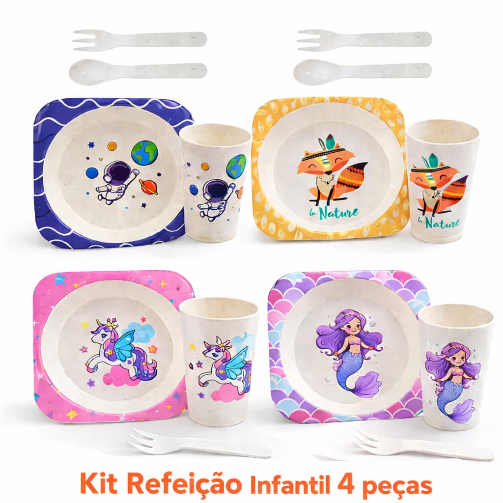 Kit Refeição Infantil 4 Peças Prato 350ml Copo 240ml Talheres 13cm Escolar