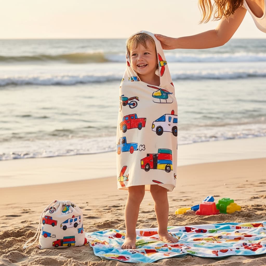 Toalha De Praia Infantil Com Capuz Mochila Tuquinha Carrinhos Microfibra Secagem Rápida 60x120cm