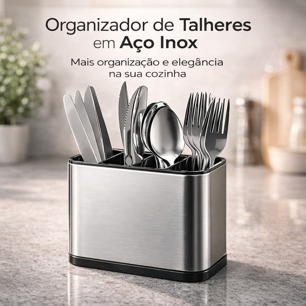 Porta Talheres Inox 4 Divisórias com Drenagem Lateral Base Antiderrapante
