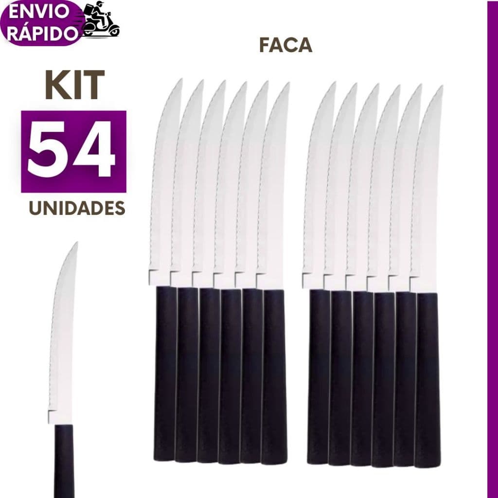 KIT 54 36 ou 18 Un Facas em Aço Inox com Cabo Preto Ideal para Churrascos ou Demais Refeições
