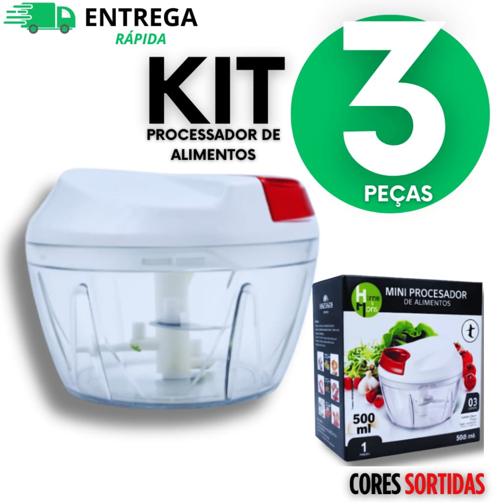 KIT 3 Mini Processador Misturador Manual de Alimentos Triturador 3 Lâminas 500ml Sortidas