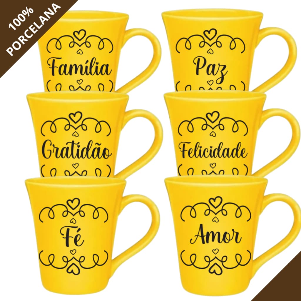 KIT 6 Canecas Porcelana Amarelas 120 ML Frases Coração Motivação Xícaras Chá Café