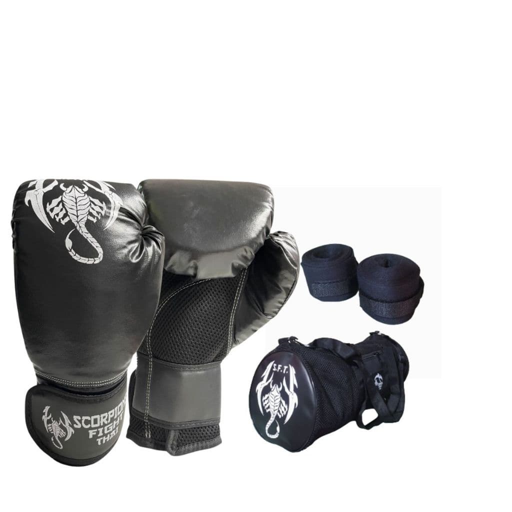 Kit Muai Thai Boxe Scorpions Luva+ Caneleira +Bandagem