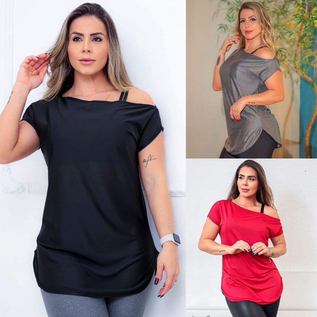 Camisa Feminina Fitness Ombro Só Versátil DryFit Respirável Longline Secagem Rápida Academia Oferta