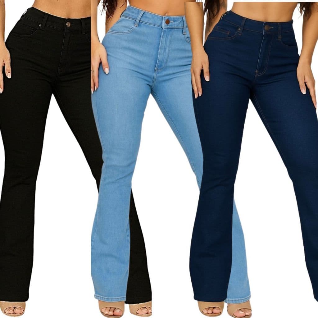 Calça Flare Jeans Feminina Linha Premium Lisa Cintura Alta com Lycra Elastano Modela Bumbum West