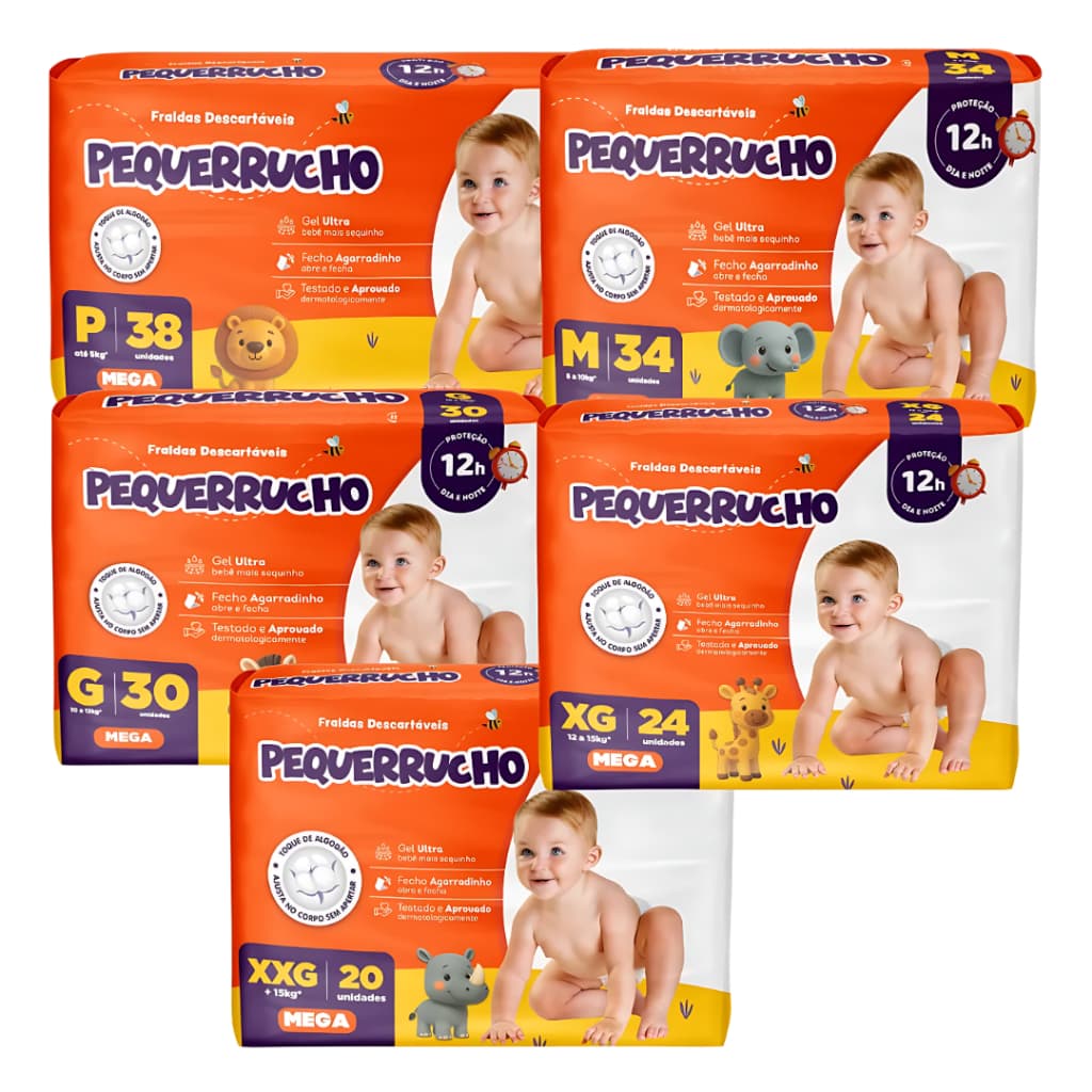Fralda Infantil Pequerrucho Mega Extra Absorção Toque de Algodão Antivazamento Proteção Conforto Dia e Noite