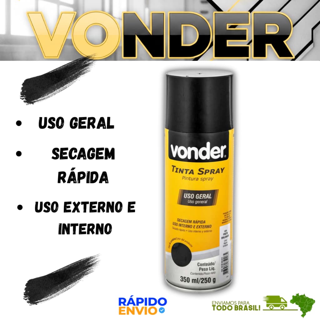 Tinta Spray Uso Geral 350ML Preto Fosco Vonder Secagem Rápida Artesanato Madeira Ferro Metal Gesso
