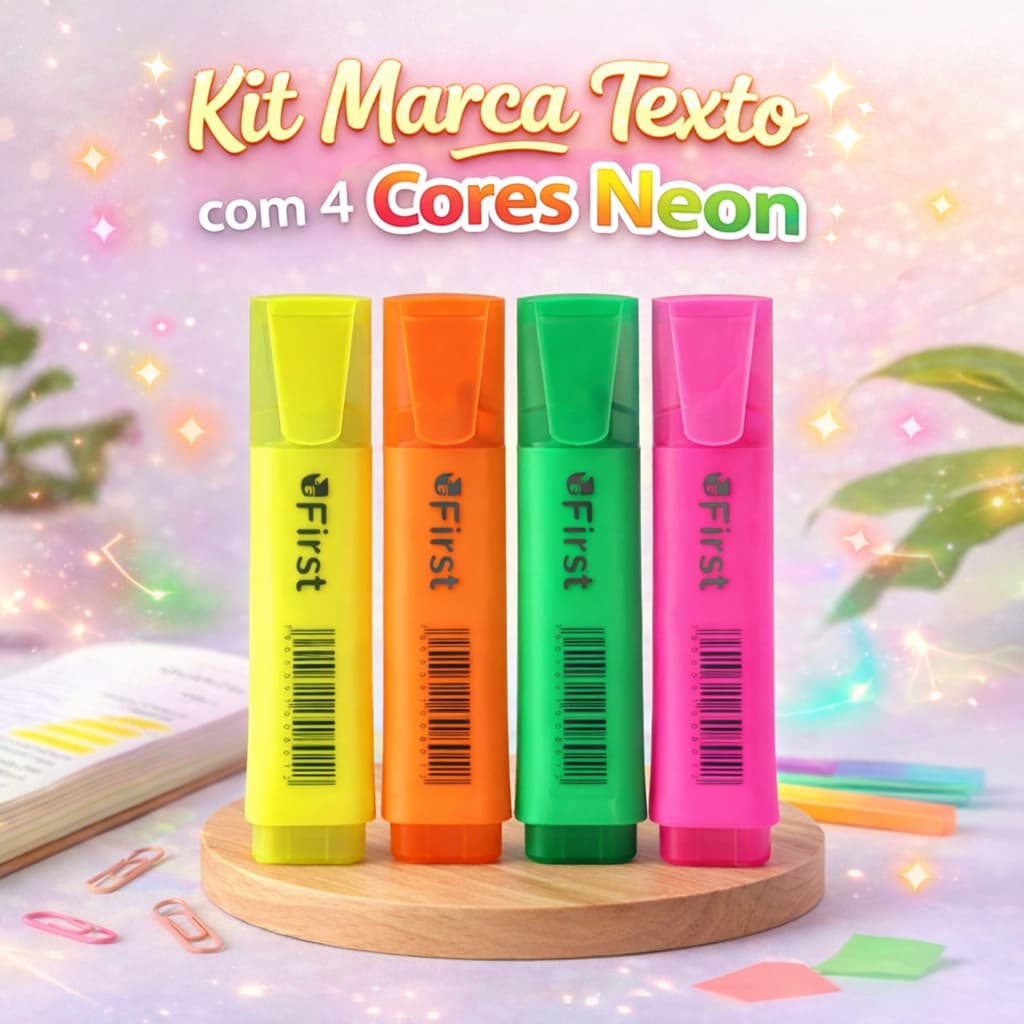 Kit 4 Canetas Marca Texto Neon Material Escolar Colorida Não Mancha Compacta Qualidade- Melhor Preço