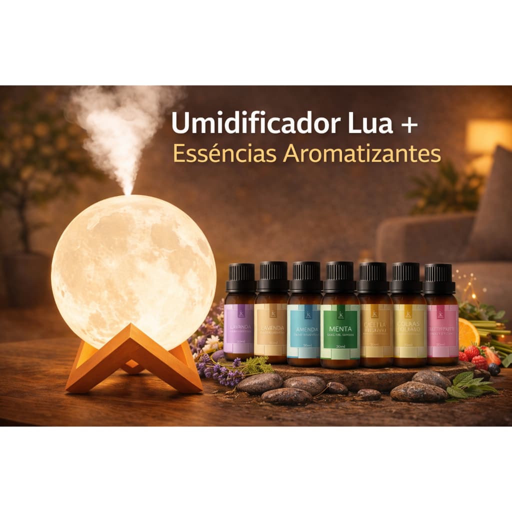 Umidificador de Ar e Luminária + Essências Aromatizantes | Difusor De Ar Lua 900ml e Luminária 3em1