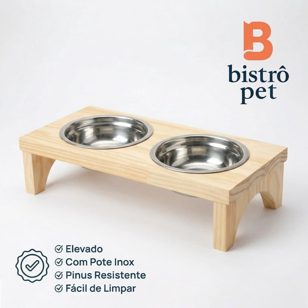 Comedouro Duplo Elevado Para Gato Madeira Pinus Com Potes Inox 250ml Pequeno Porte