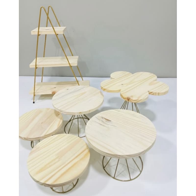 Kit Boleiras De Flor  Mais Escadinha – Madeira Pinos e Metal Dourado (6 peças)
