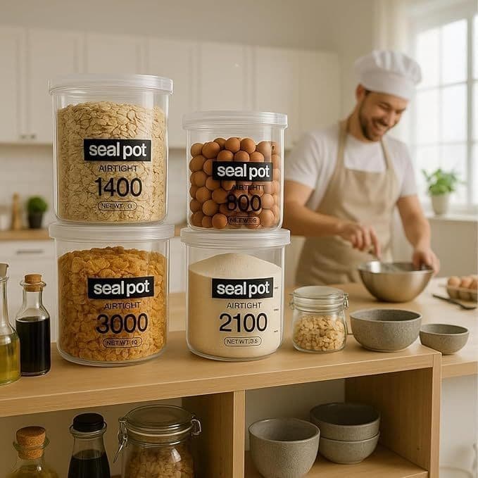 Conjunto 4 Potes Herméticos Plástico Arroz Biscoitos Mantimentos Tampa Vedação Cozinha