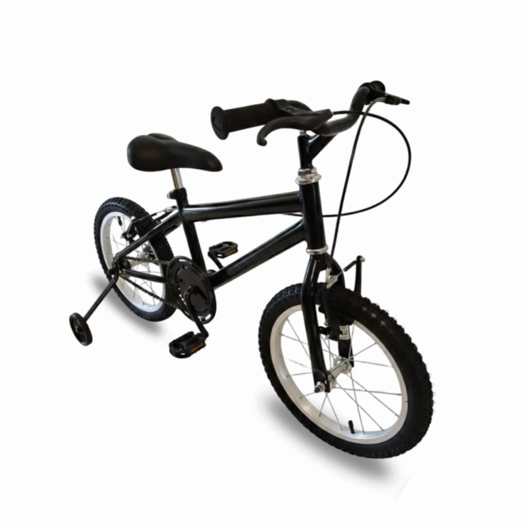 Bicicleta Infantil Aro 16 Masculina Preta c/Roda de Aluminio + Roda Lateral + Adesivo