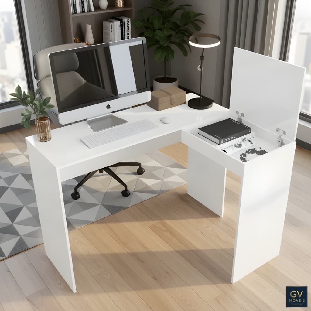Escrivaninha Mesa Notebook de Canto em L Floripa Home Office , com Compartimento - Moderna e Compacta para Sala e Quarto