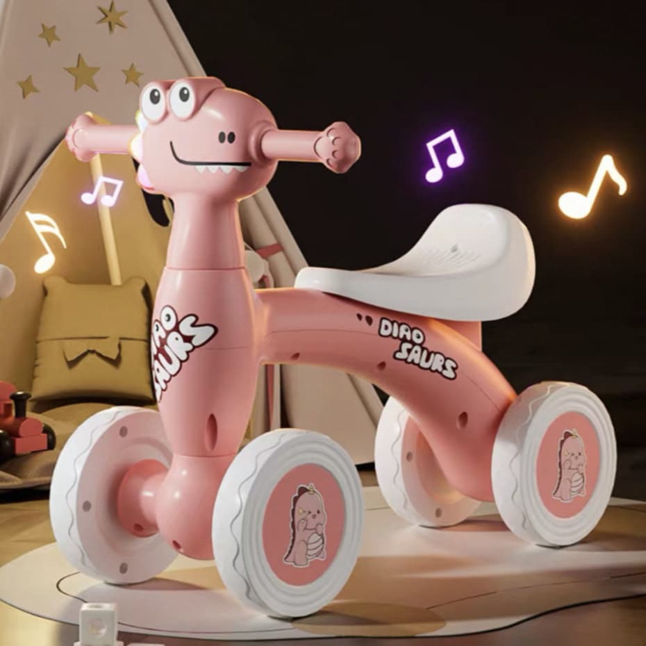 Bicicleta Equilíbrio Infantil Dinossauro 1-6 Anos com Som Andador Educativo 40kg Seguro Presente Menino Menina
