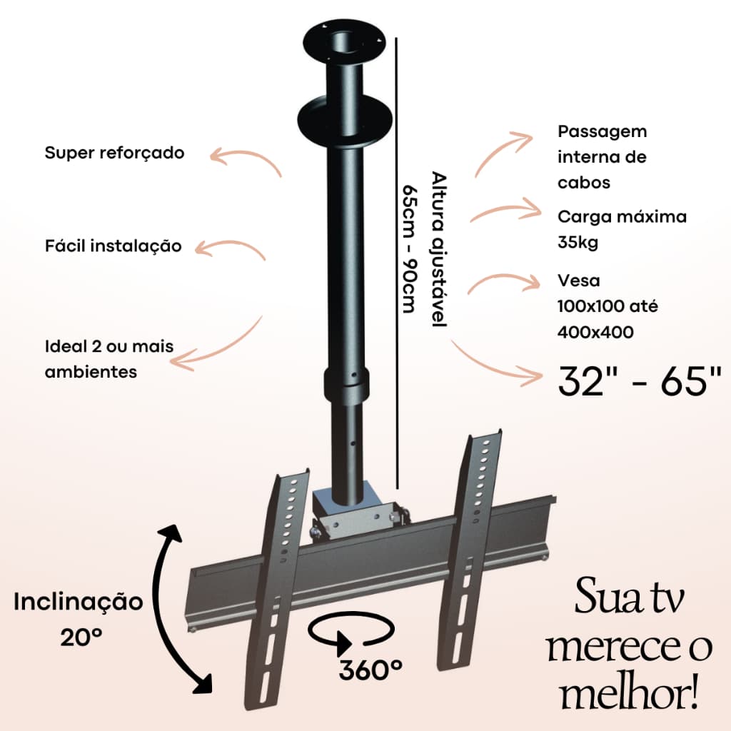 Suporte Tv Até 65 Polegadas Teto Articulado Robusto 360 Graus Monitor Gesso Laje Tela Grande Premium Custo Benefício
