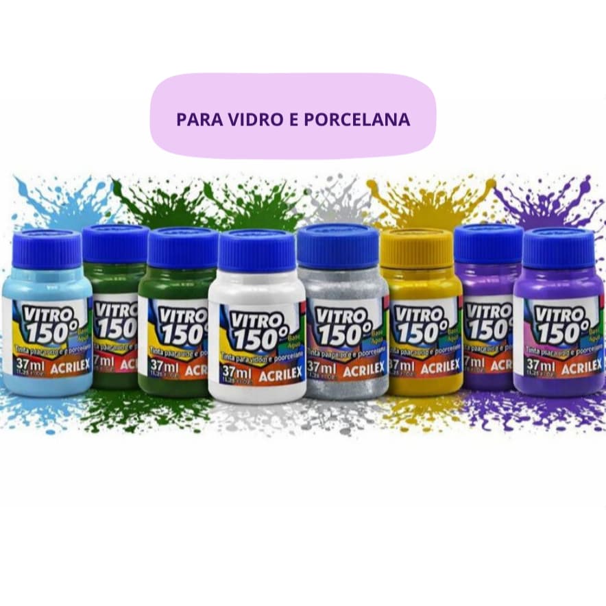 Kit Pintura em Vidro Tinta Vitro 150 Acrilex 8 Cores 37ml Porcelana Cerâmica Resistente Queima Forno