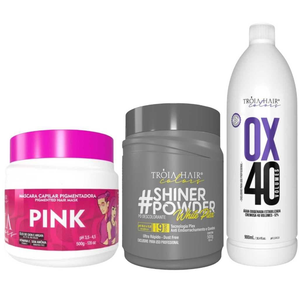 Pó Descolorante Premium 500g + OX 40 900ml + Troia Colors Pink 500g - Troia Hair